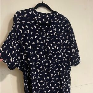 Navy Blouse with White Bird Pattern